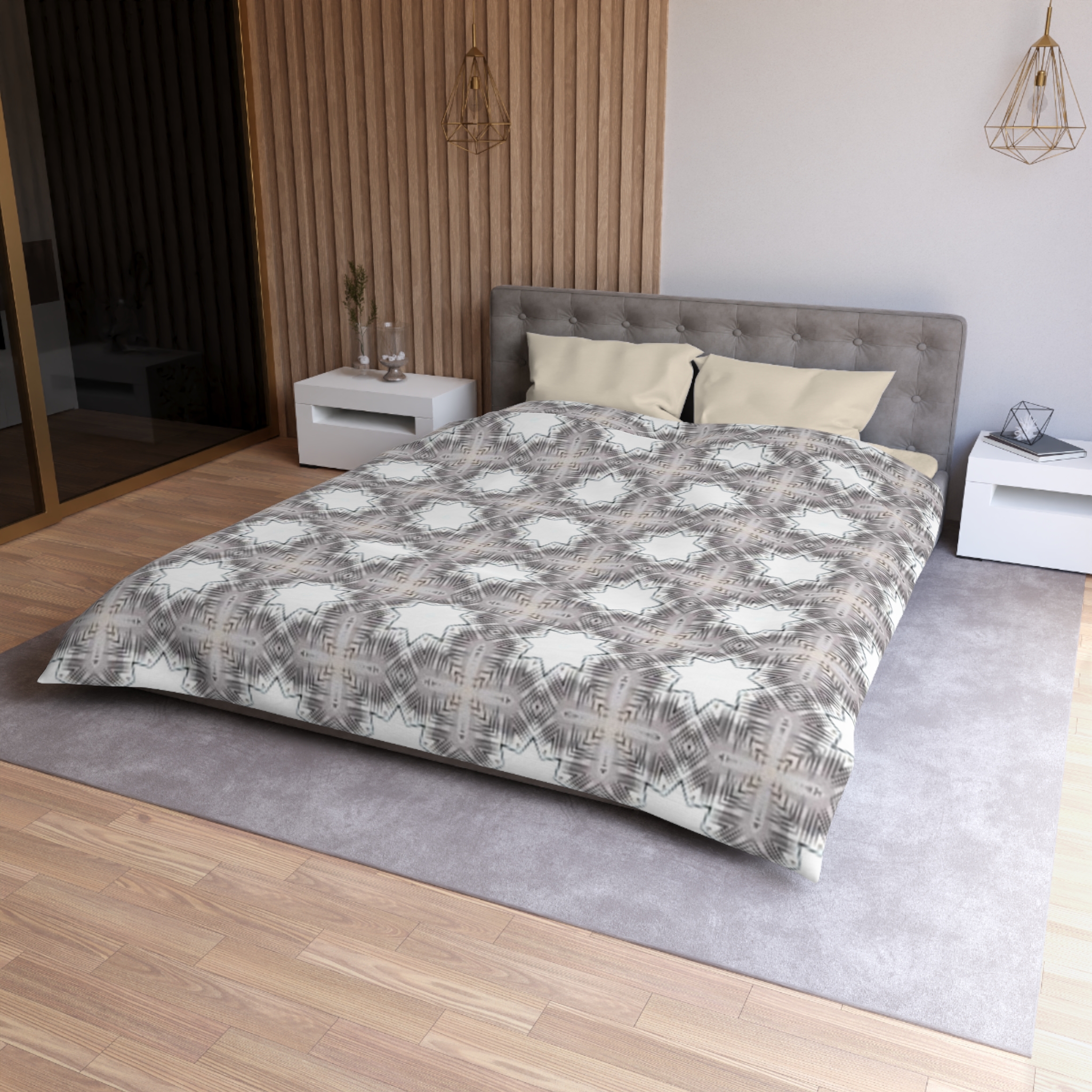 Gray Geometric Moroccan Star Microfiber Duvet Cover - Image 6