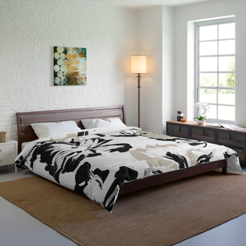 Neutral Floral Comforter | Black Beige Botanical Bedding
