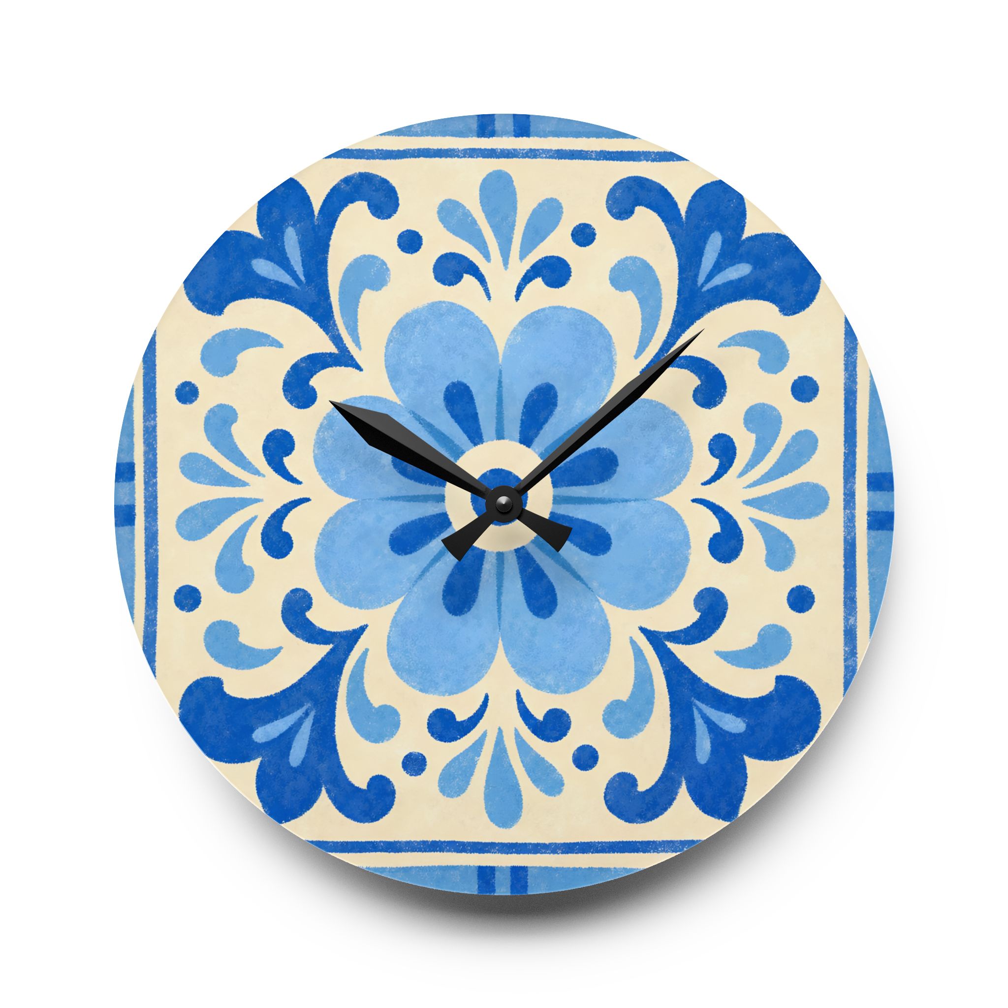 Blue Floral Ceramic-Style Acrylic Wall Clock - Image 9