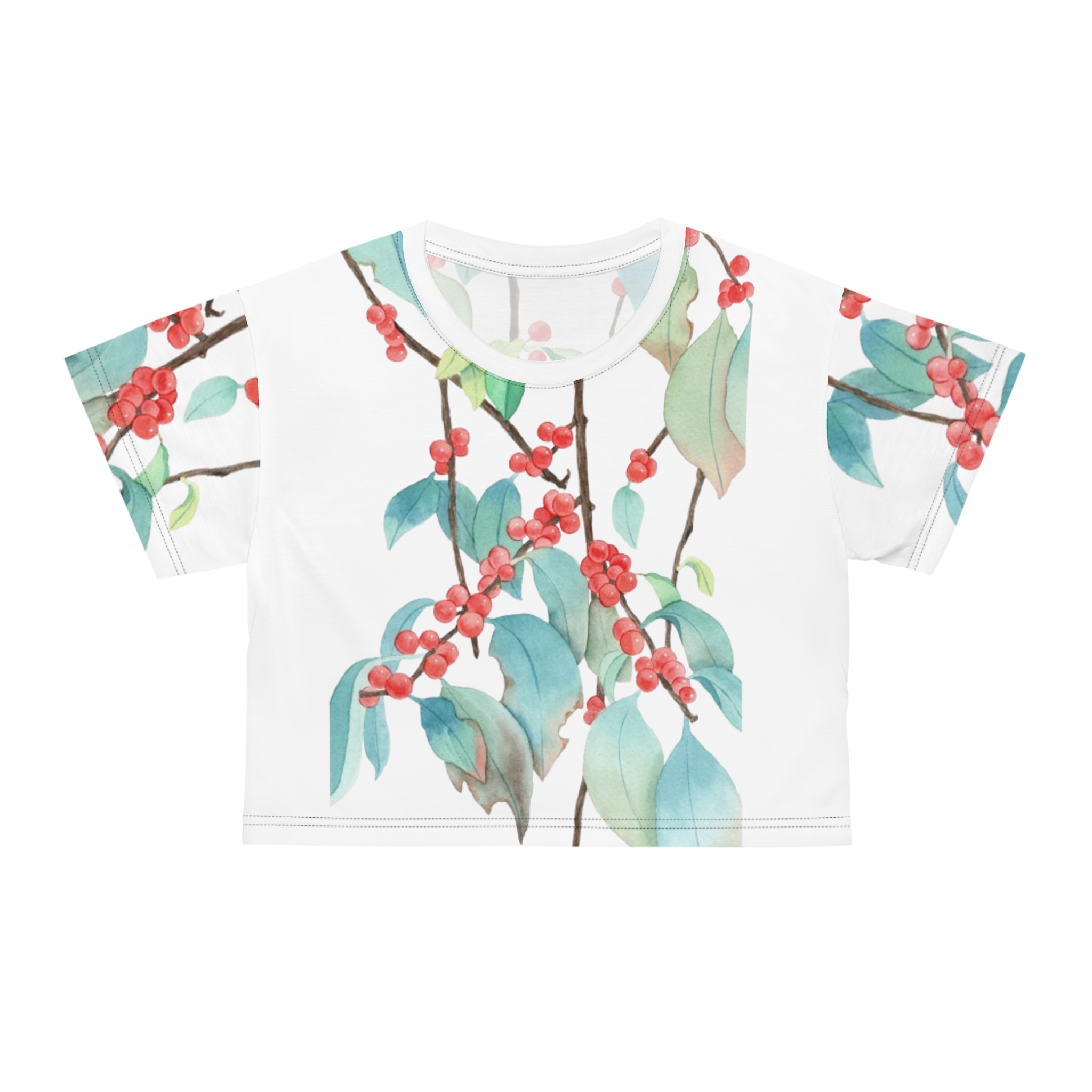 Watercolor Red Berry Branch Crop Tee | Botanical Floral Print - Image 5
