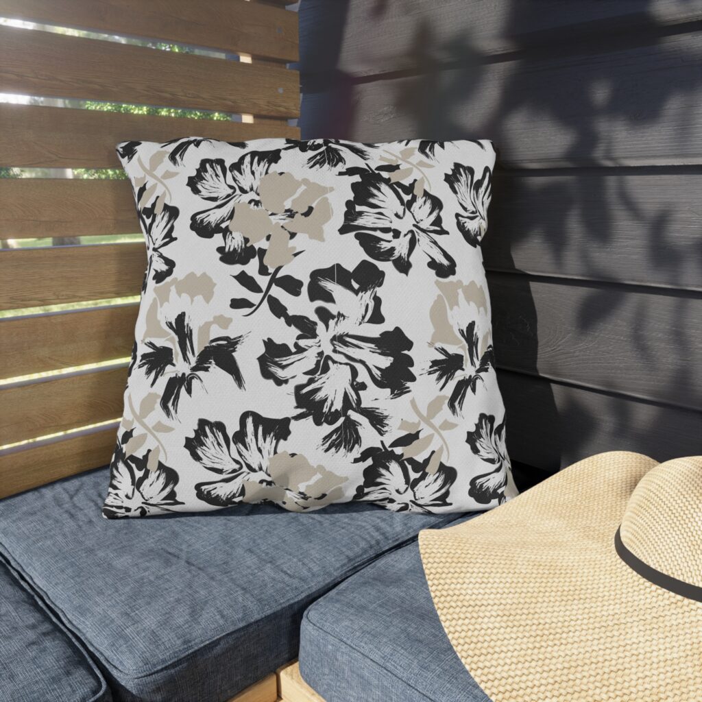 Black and Beige Floral Outdoor Pillow