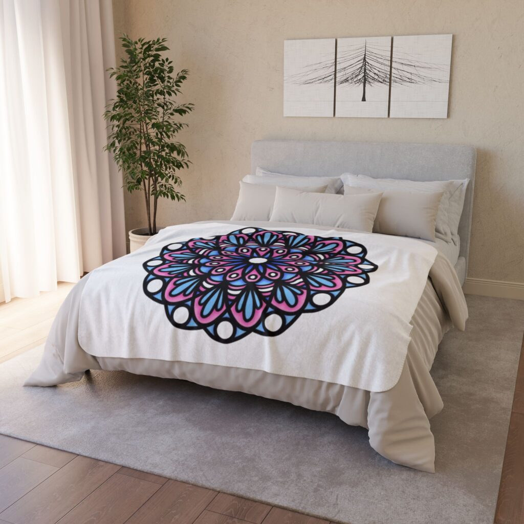Mandala Fleece Sherpa Blanket – Pink & Blue Floral Cozy Throw