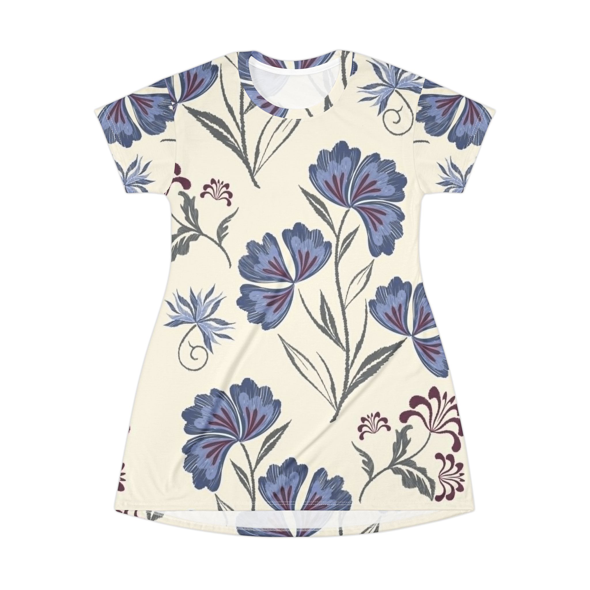 Floral T-Shirt Dress — Blue Vintage Botanical All-Over Print - Image 2
