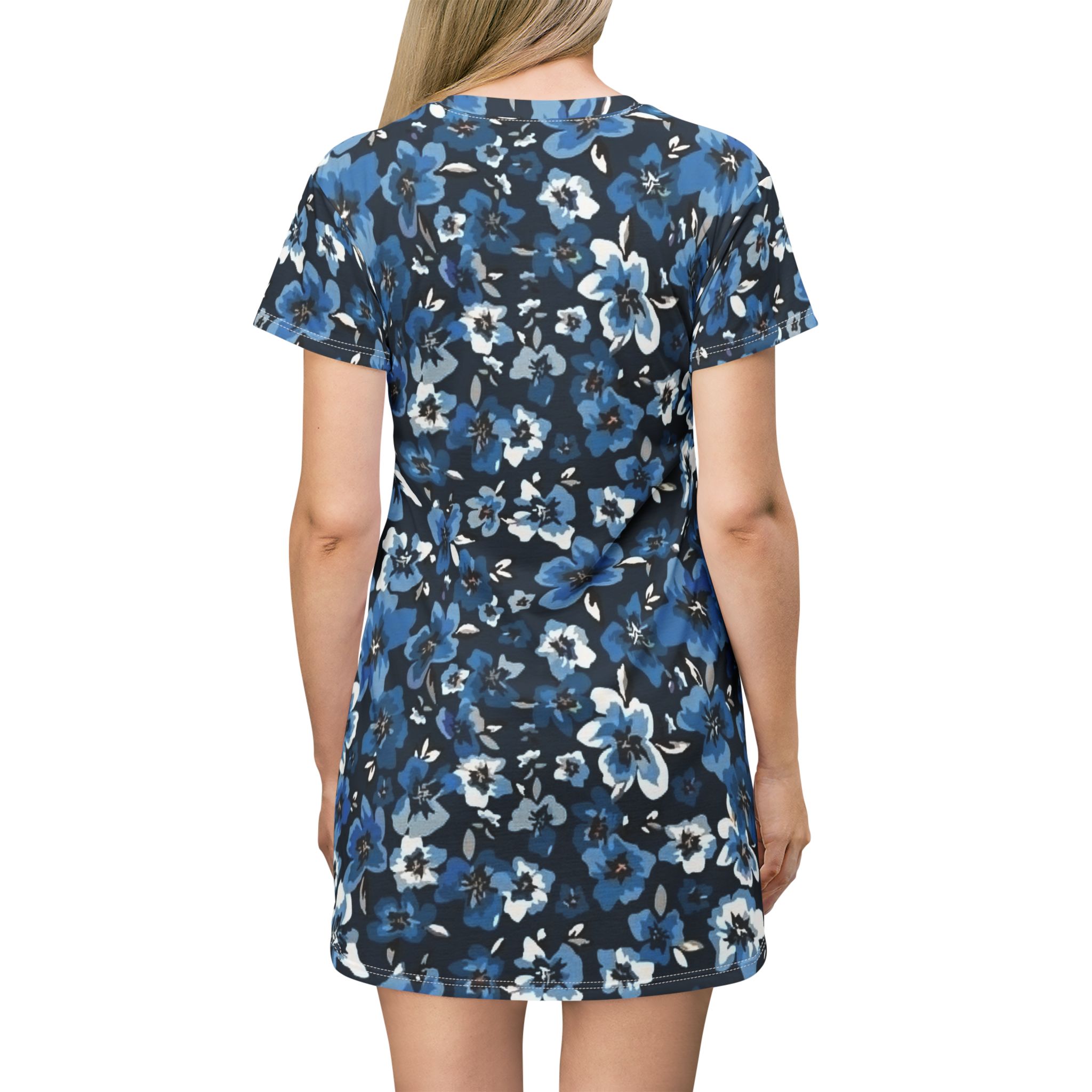 Blue Floral T-Shirt Dress - All-Over Print Casual Summer Dress - Image 4