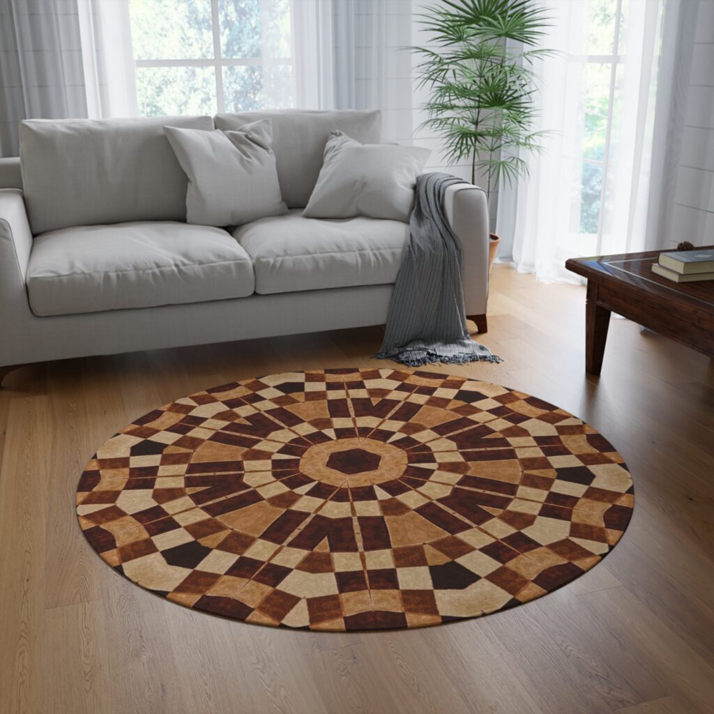 Vintage Brown Geometric Checkerboard Round Rug