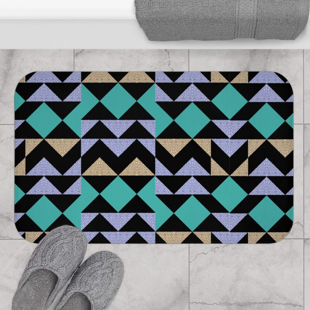 Geometric Teal & Lavender Bath Mat — Mid-Century Triangle Pattern