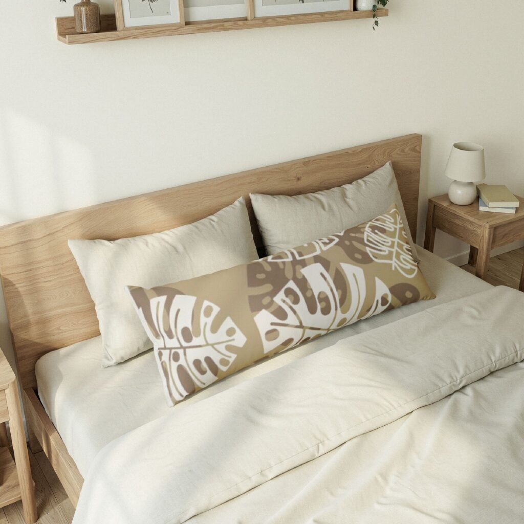 Tropical Monstera Leaf Body Pillow – Neutral Botanical Bedroom Decor