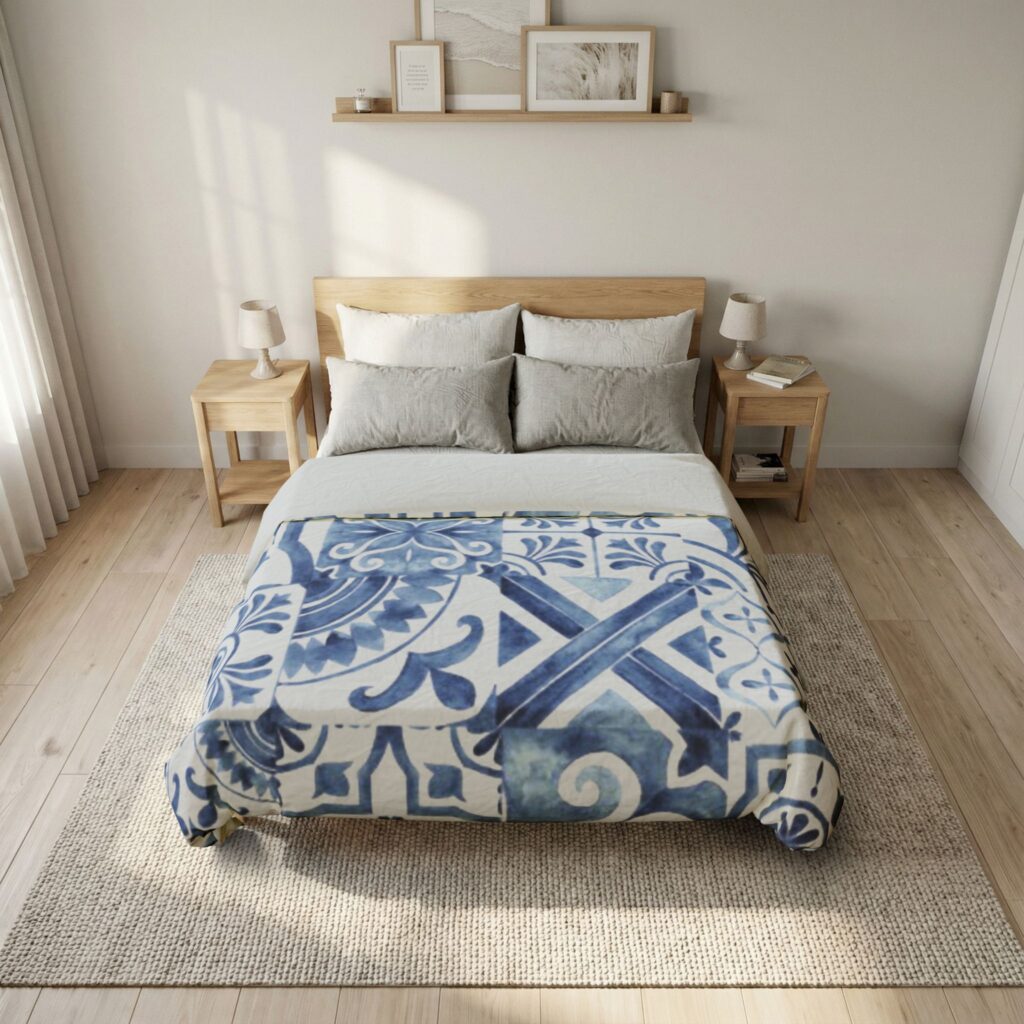 Blue and White Moroccan Tile Pattern Cotton Duvet Cover