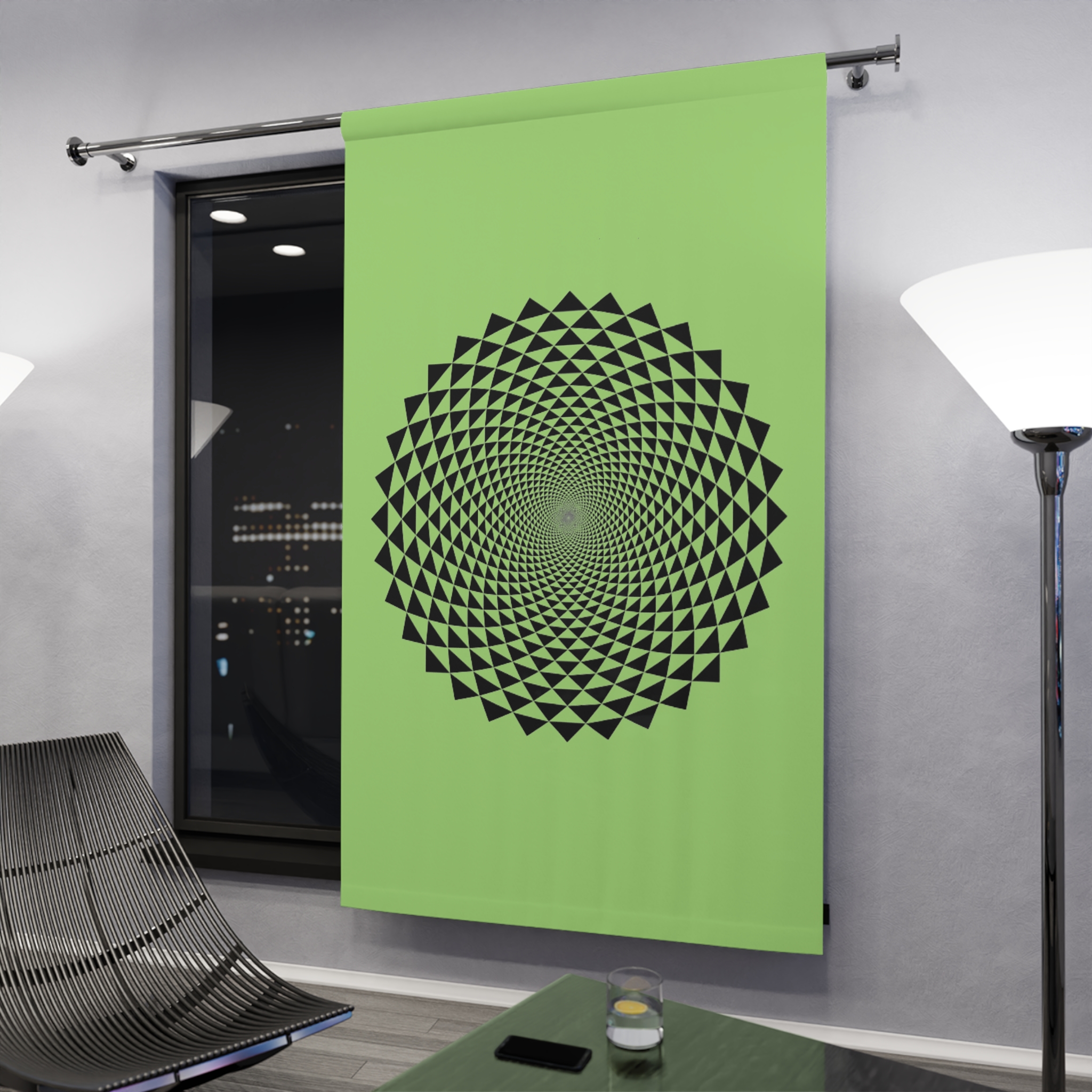 Geometric Spiral Window Curtain - Green Black Optical Print - Image 3