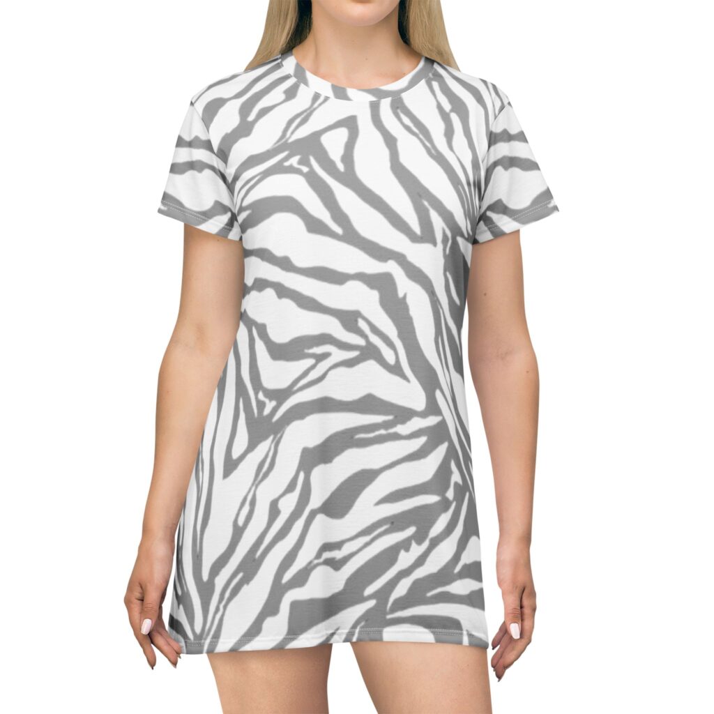 Grey Zebra Print T-Shirt Dress – All-Over Print Casual Shift Dress