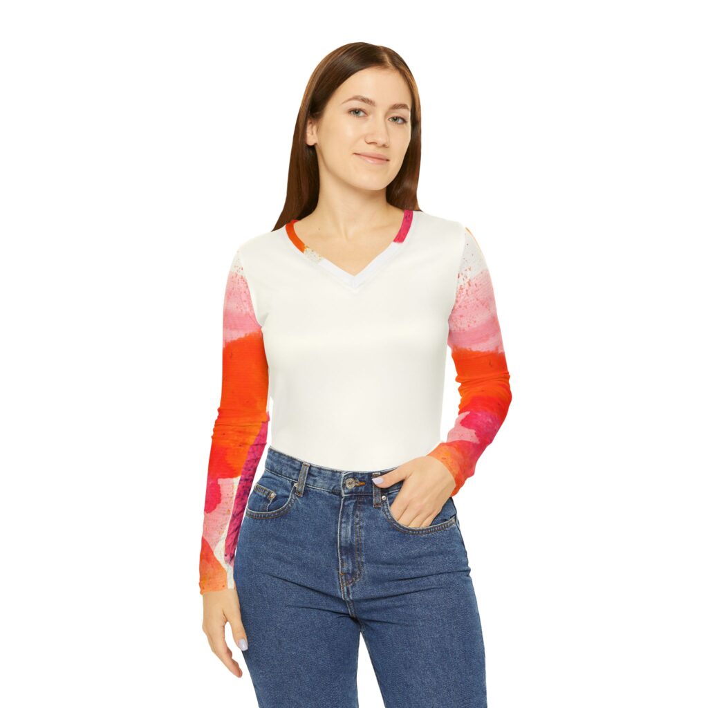 Watercolor Pink Orange Sleeve V-neck Long Sleeve Shirt | Floral Abstract Arm Print