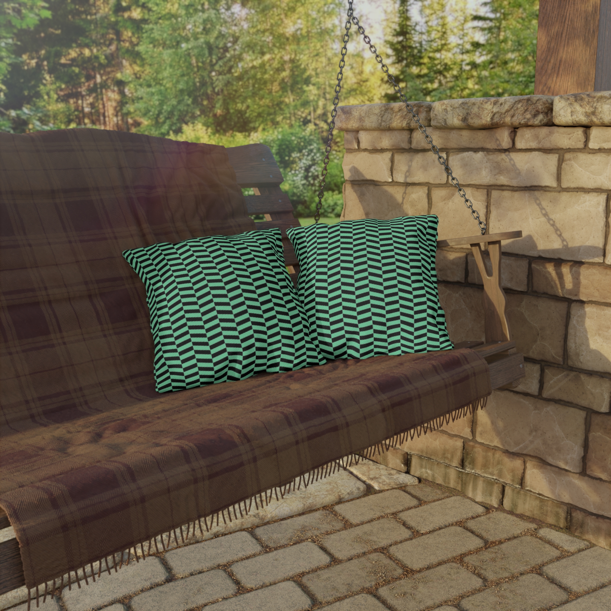 Outdoor Pillow – Mint Green and Black Geometric Wave Pattern - Image 4