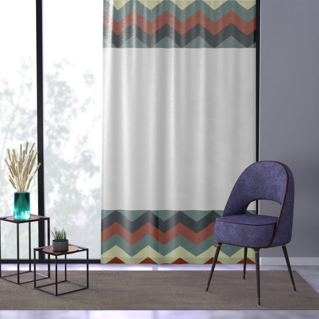 Chevron Border Sheer Window Curtain - Retro Earth Tone Zigzag Drapes