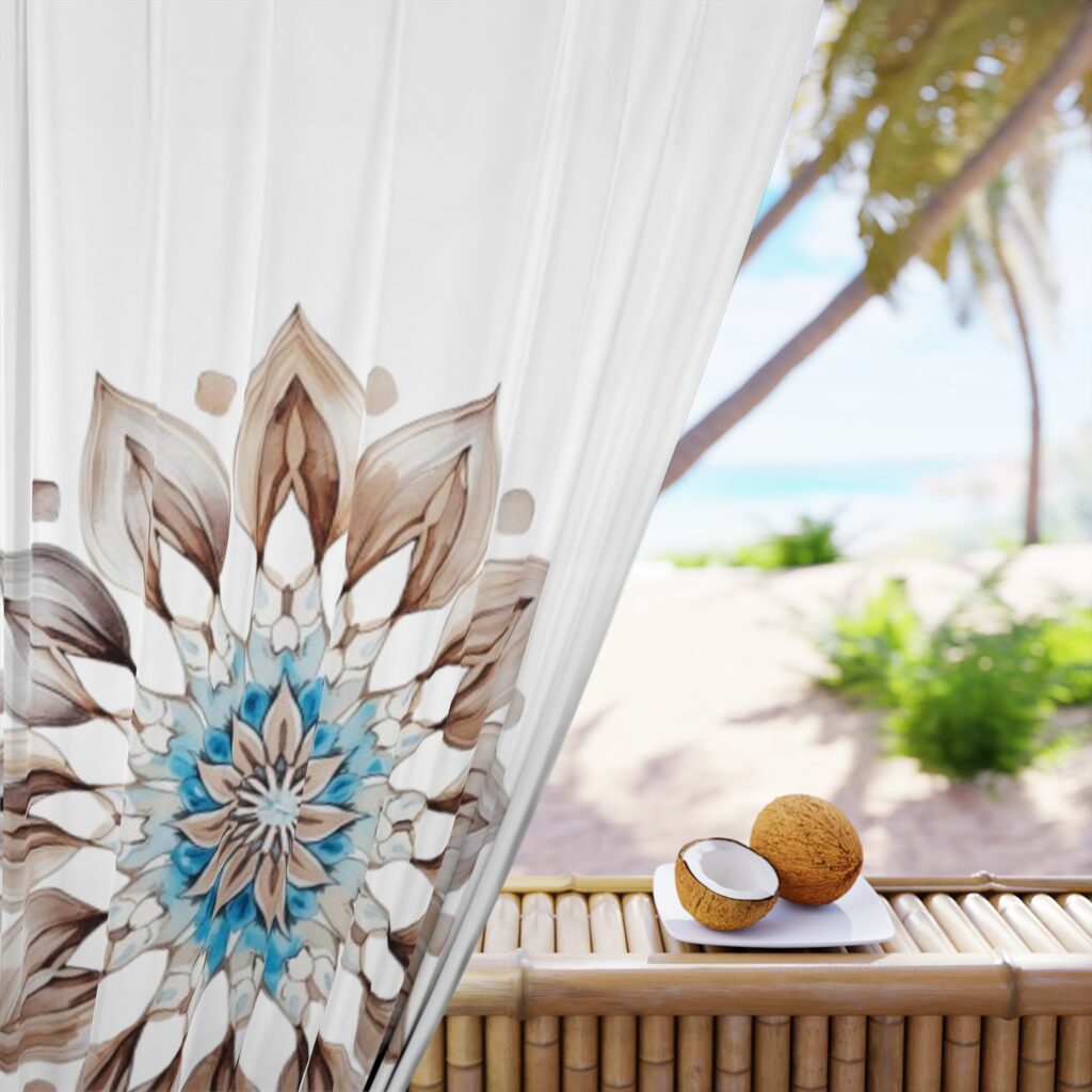 Boho Mandala Window Curtain — Neutral Teal Floral Tapestry Panel (1 Piece)