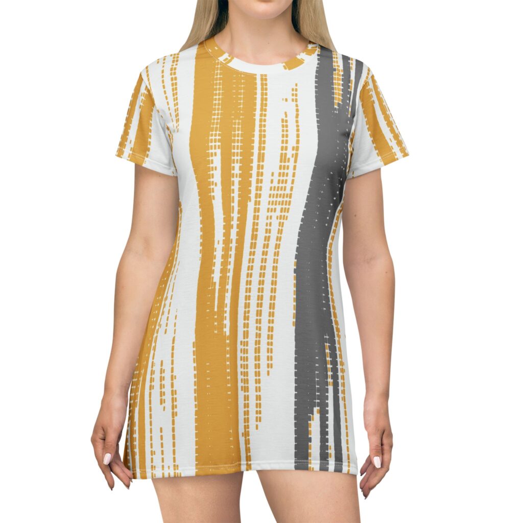 Golden Brushstroke T-Shirt Dress — Abstract Vertical Stripe All-Over Print