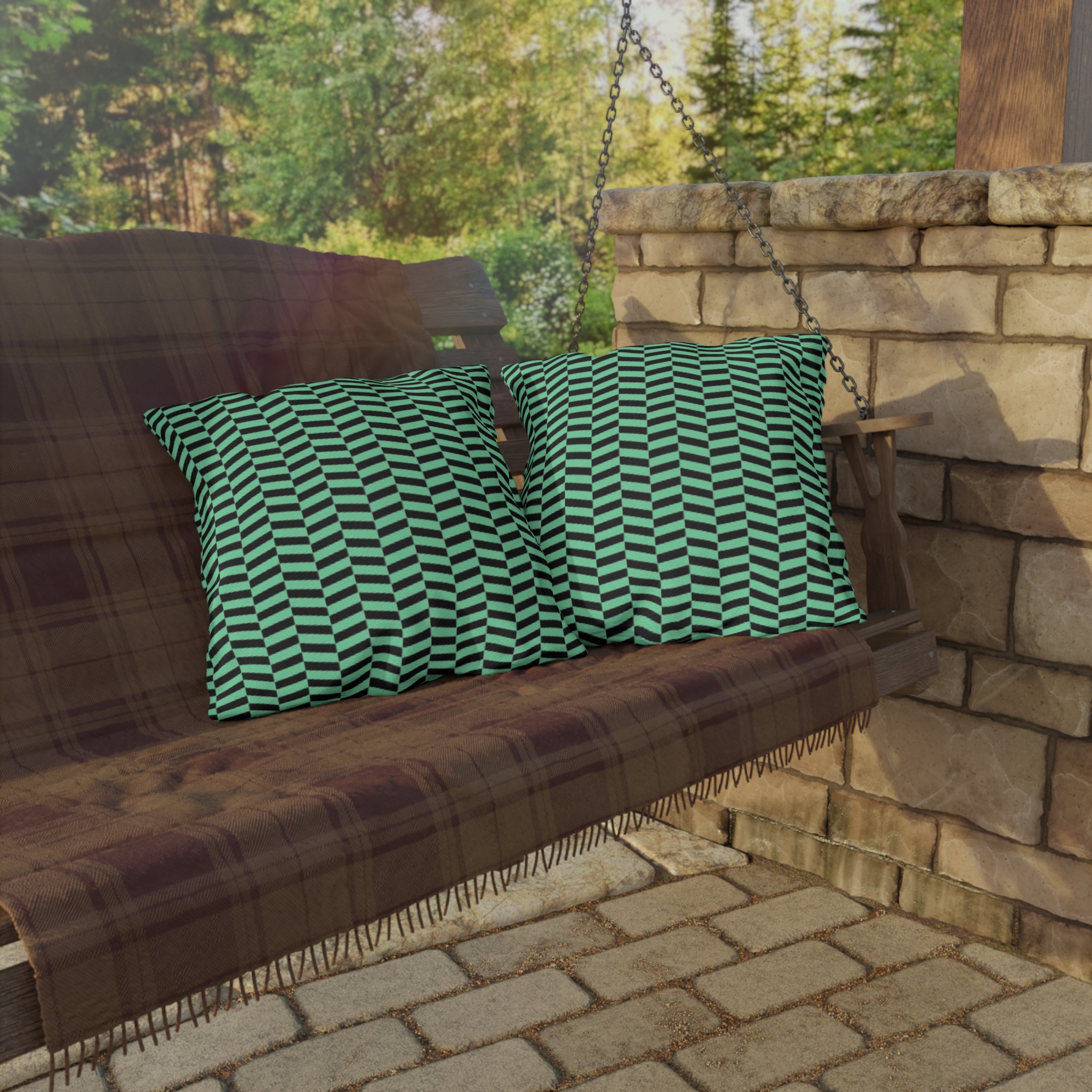 Outdoor Pillow – Mint Green and Black Geometric Wave Pattern - Image 12