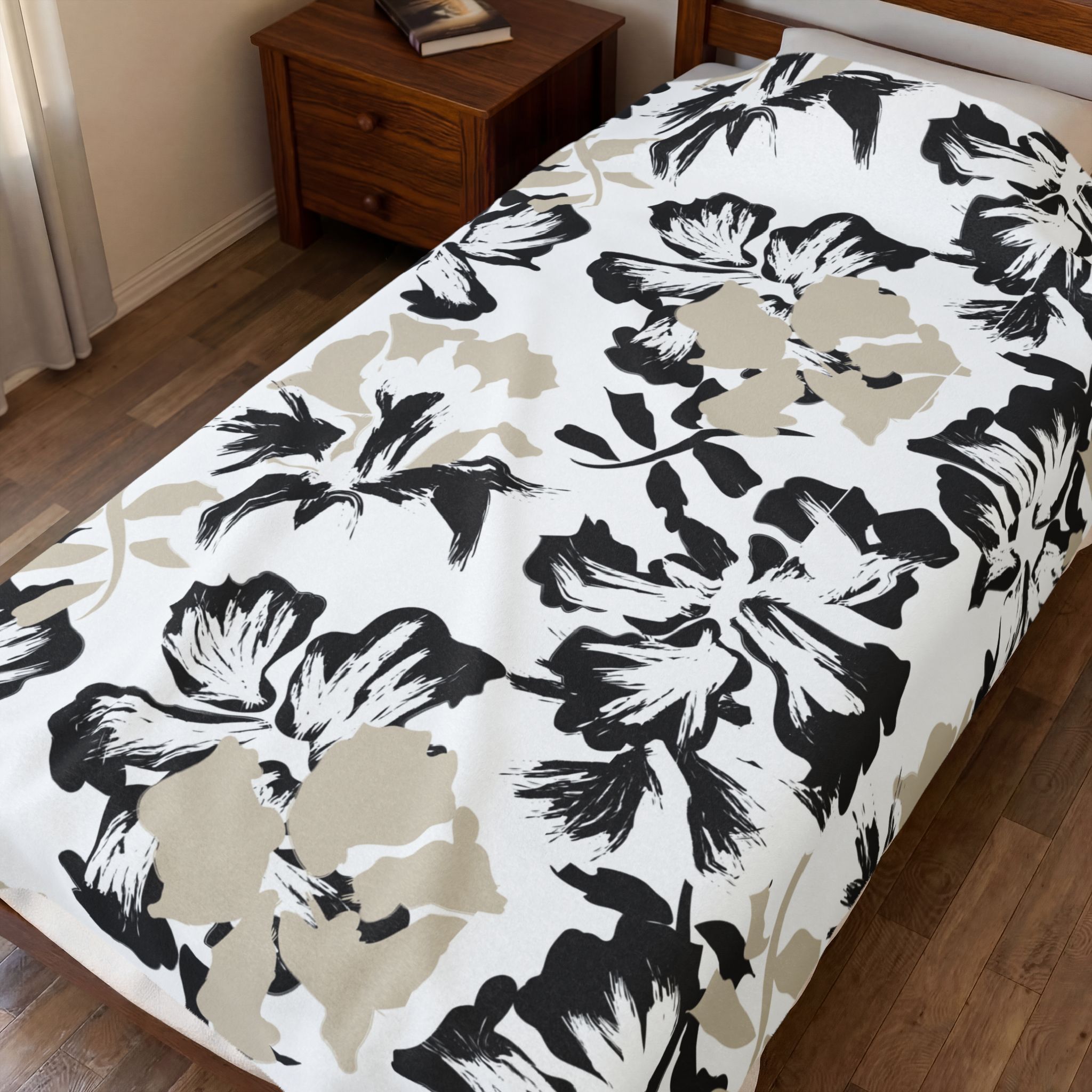 Black and Beige Floral Velveteen Plush Blanket - Image 8