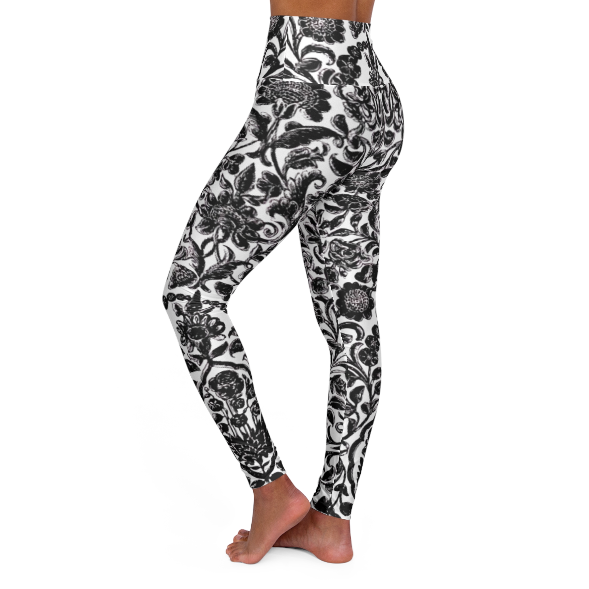 Black and White Ornate Floral High-Waisted Yoga Leggings