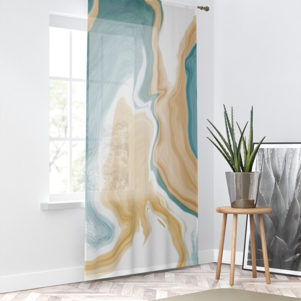 Abstract Teal & Sand Marble Window Curtain — Modern Coastal Sheer Drapery