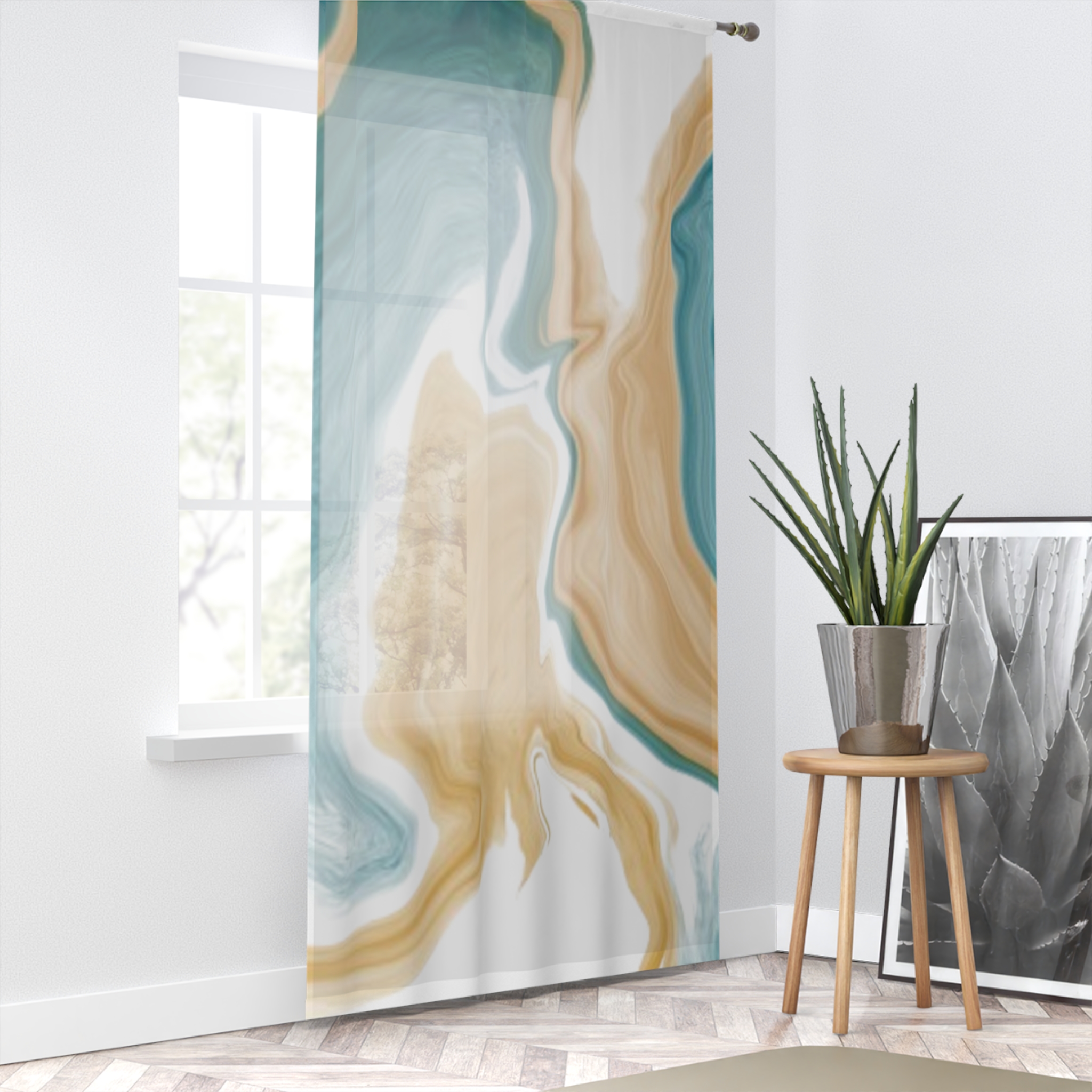 Abstract Teal & Sand Marble Window Curtain — Modern Coastal Sheer Drapery