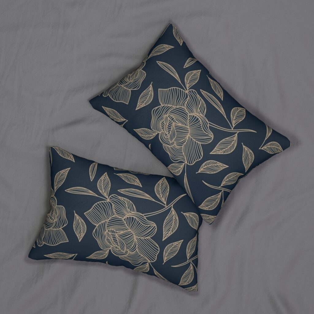 Floral Lumbar Pillow – Navy Botanical Flower Cushion