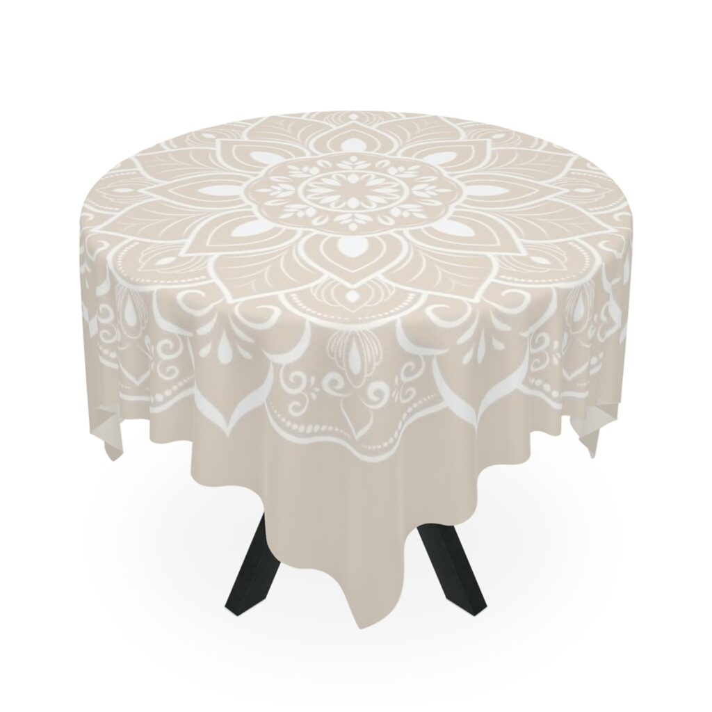 Beige Mandala Tablecloth — Boho Square Dining Table Cover