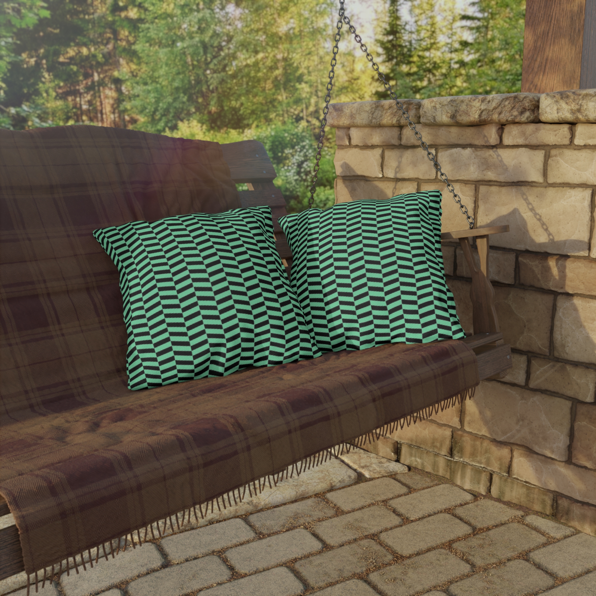 Outdoor Pillow – Mint Green and Black Geometric Wave Pattern - Image 8