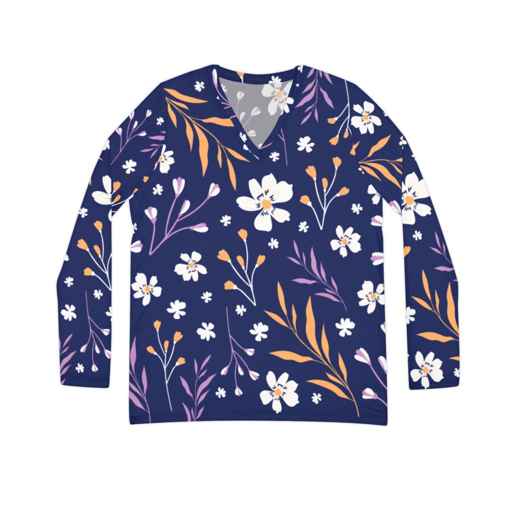 Navy Floral V-Neck Long Sleeve Shirt | White Flower Allover Print