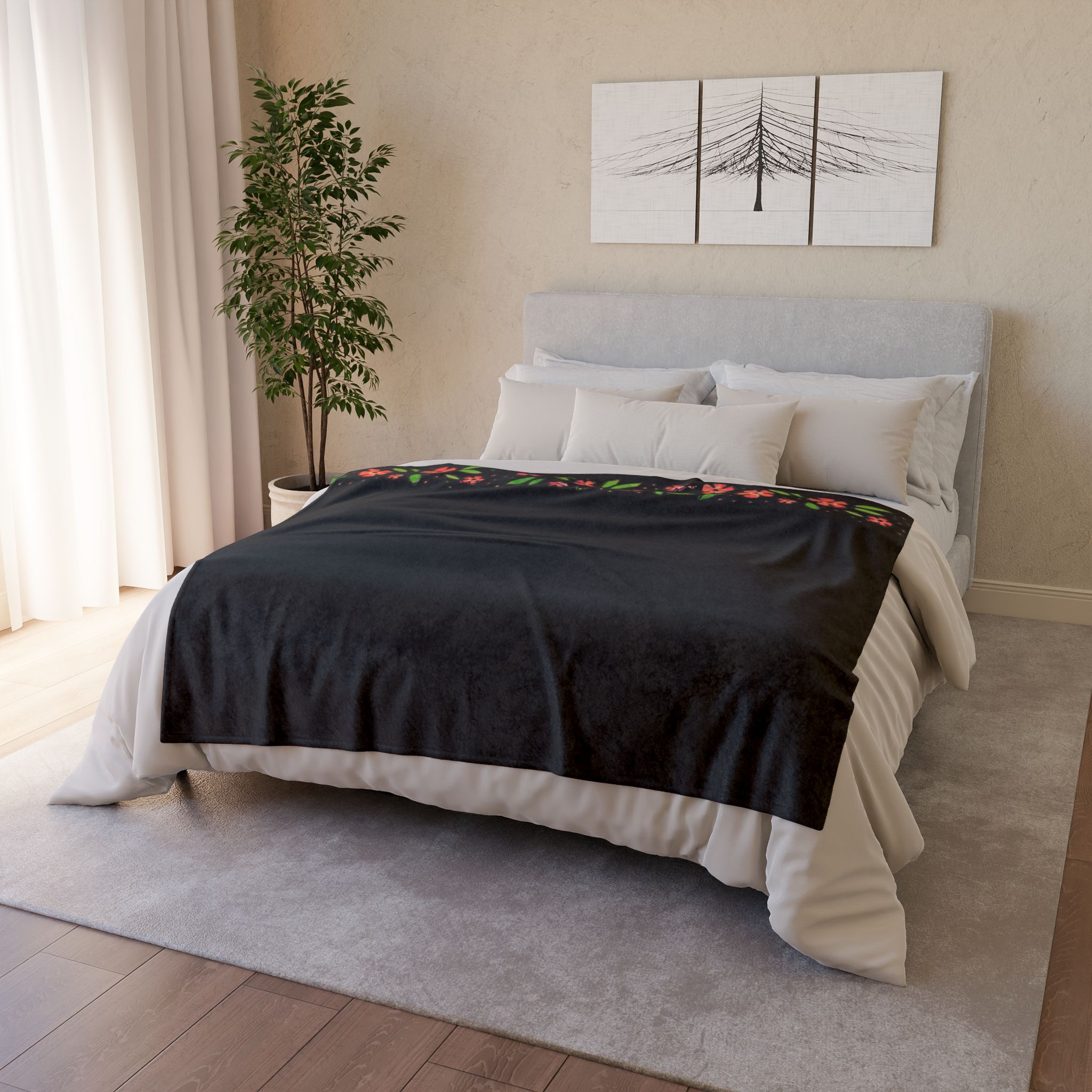 Floral Border Soft Polyester Blanket — Black Red Blossom Throw - Image 8