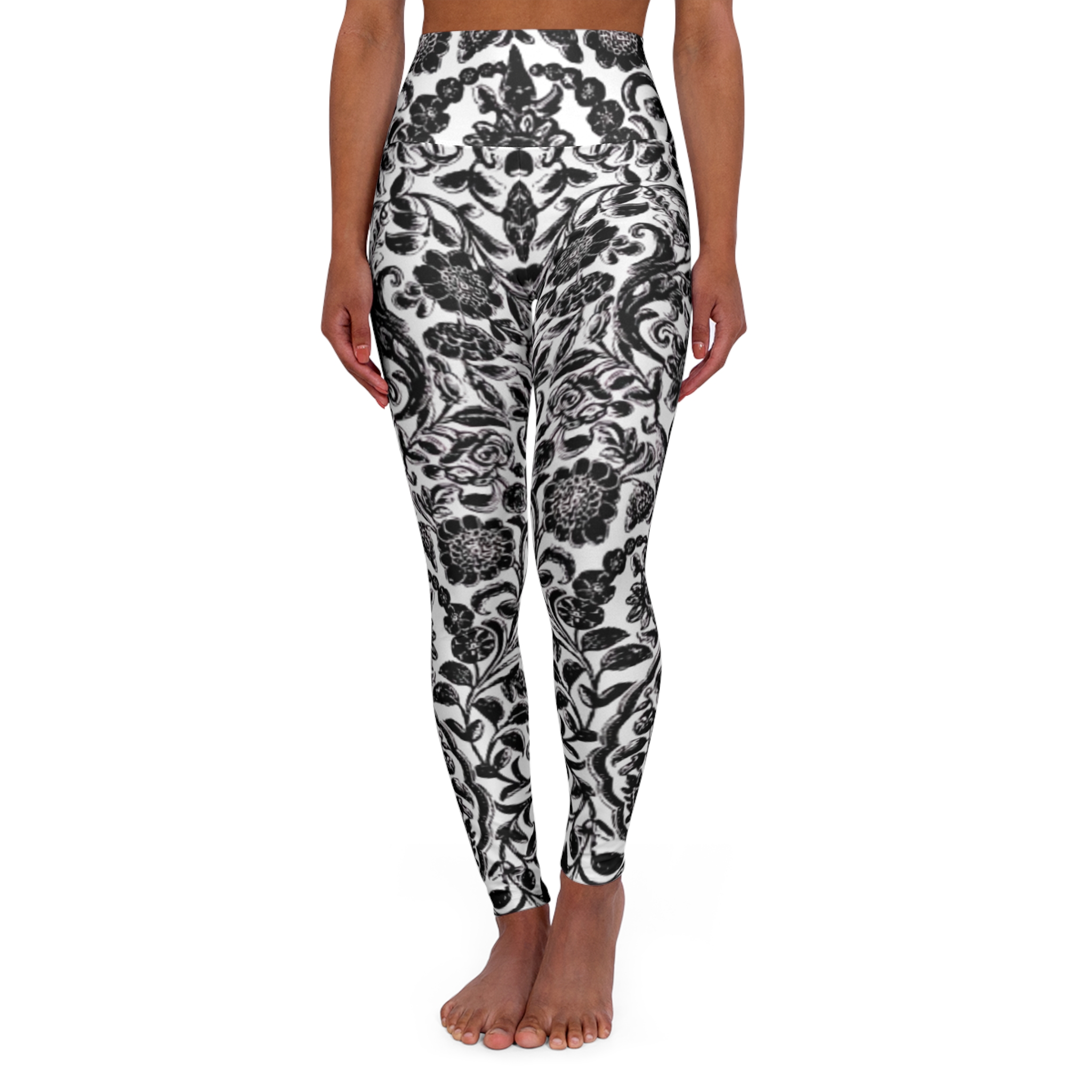 Black and White Ornate Floral High-Waisted Yoga Leggings - Image 2