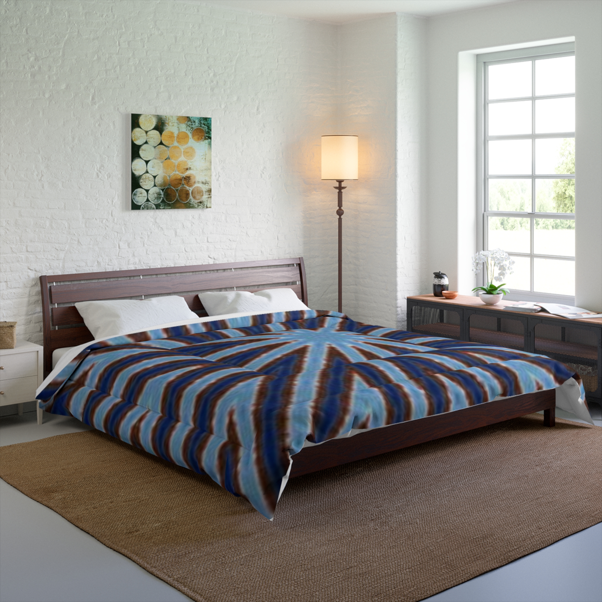 Blue and Brown Geometric Starburst Comforter