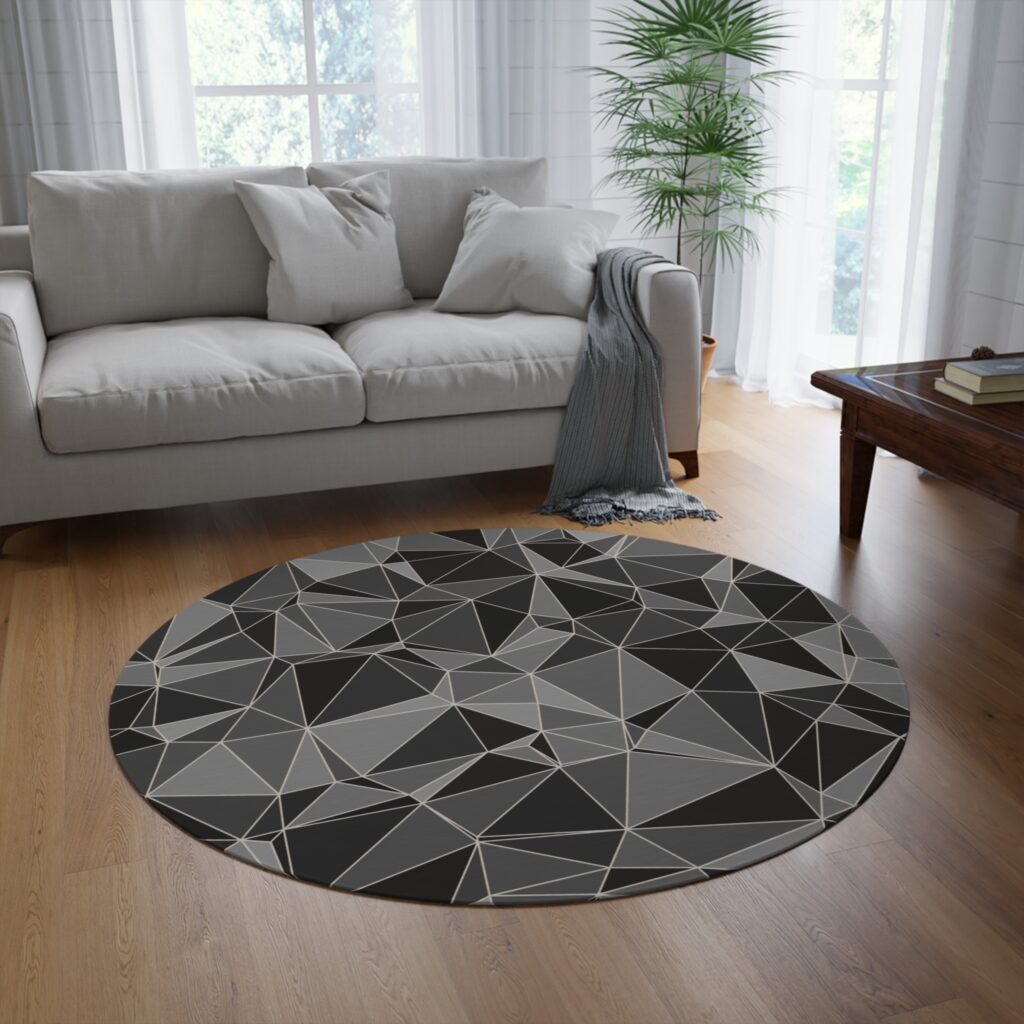 Geometric Black & Gray Round Rug — Modern Polygon Accent Mat