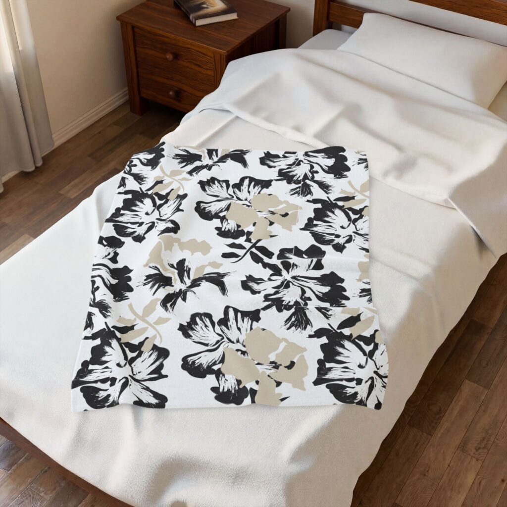 Black and Beige Floral Velveteen Plush Blanket