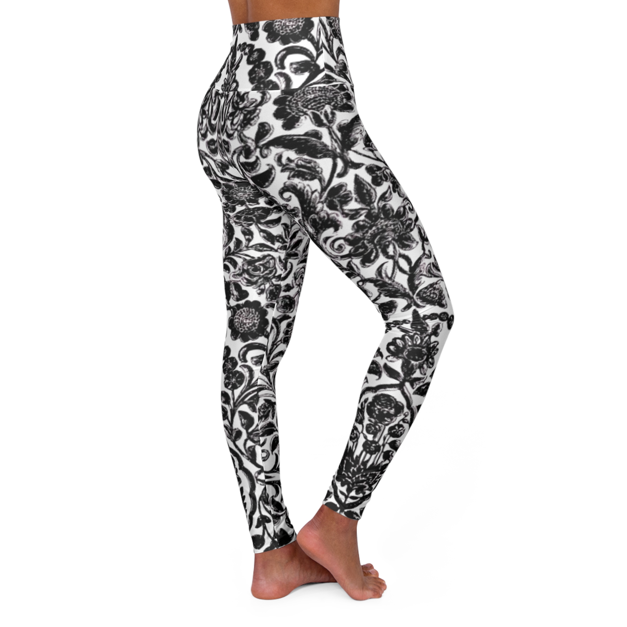 Black and White Ornate Floral High-Waisted Yoga Leggings - Image 4