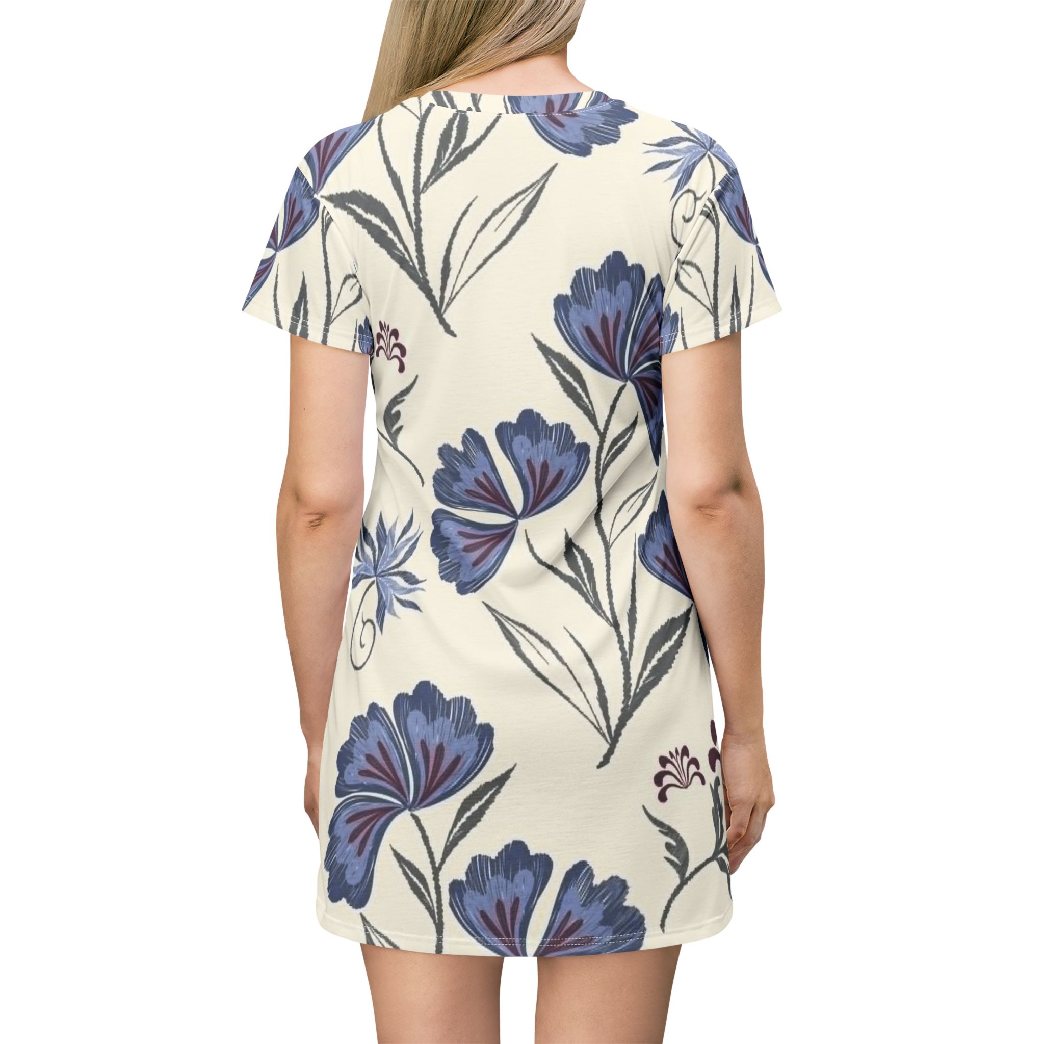Floral T-Shirt Dress — Blue Vintage Botanical All-Over Print - Image 4