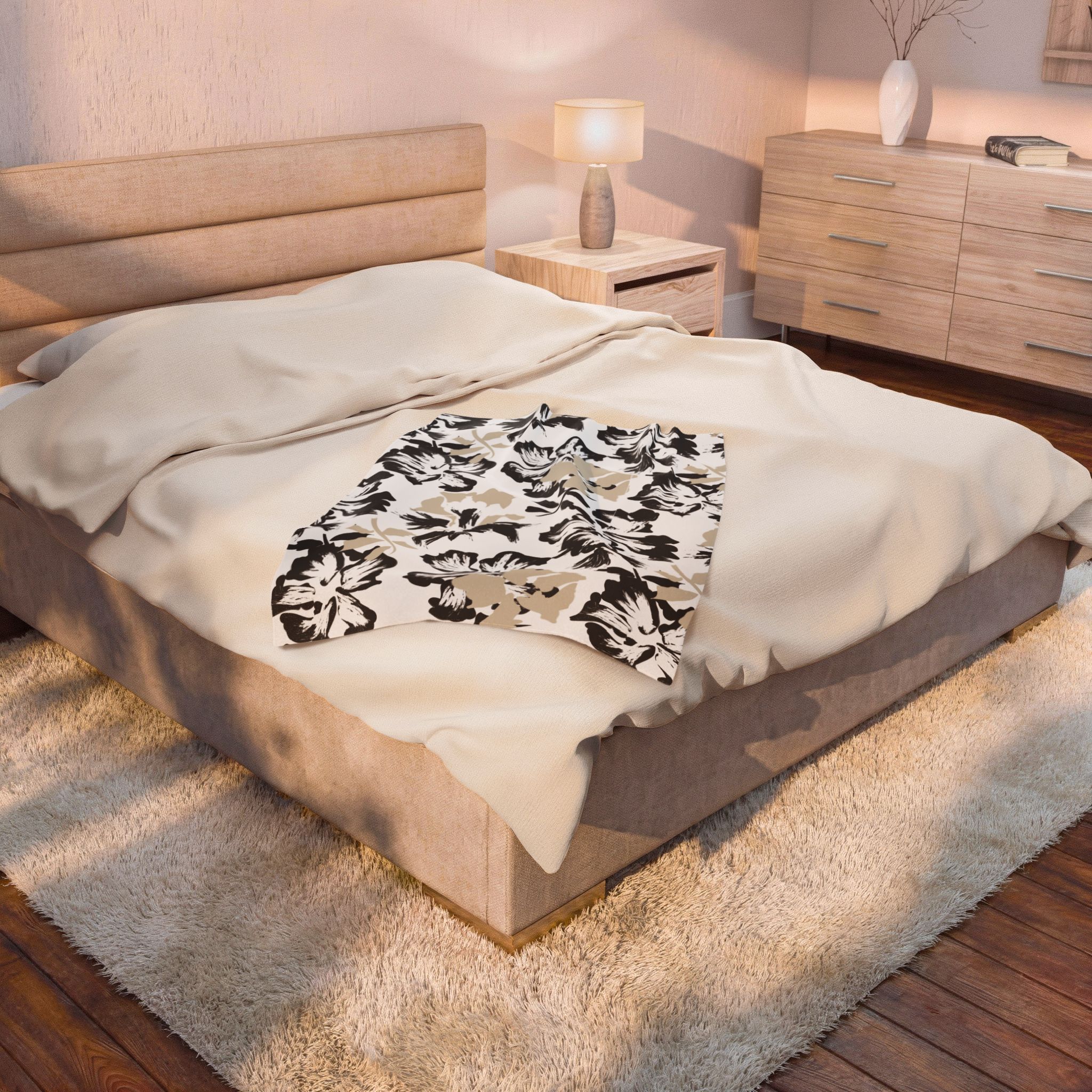 Black and Beige Floral Velveteen Plush Blanket - Image 4