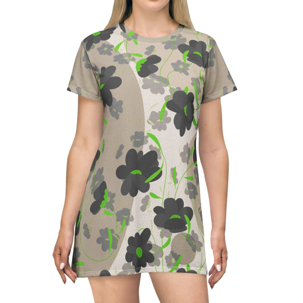Floral AOP T‑Shirt Dress — Neutral Beige & Green Graphic Floral Print
