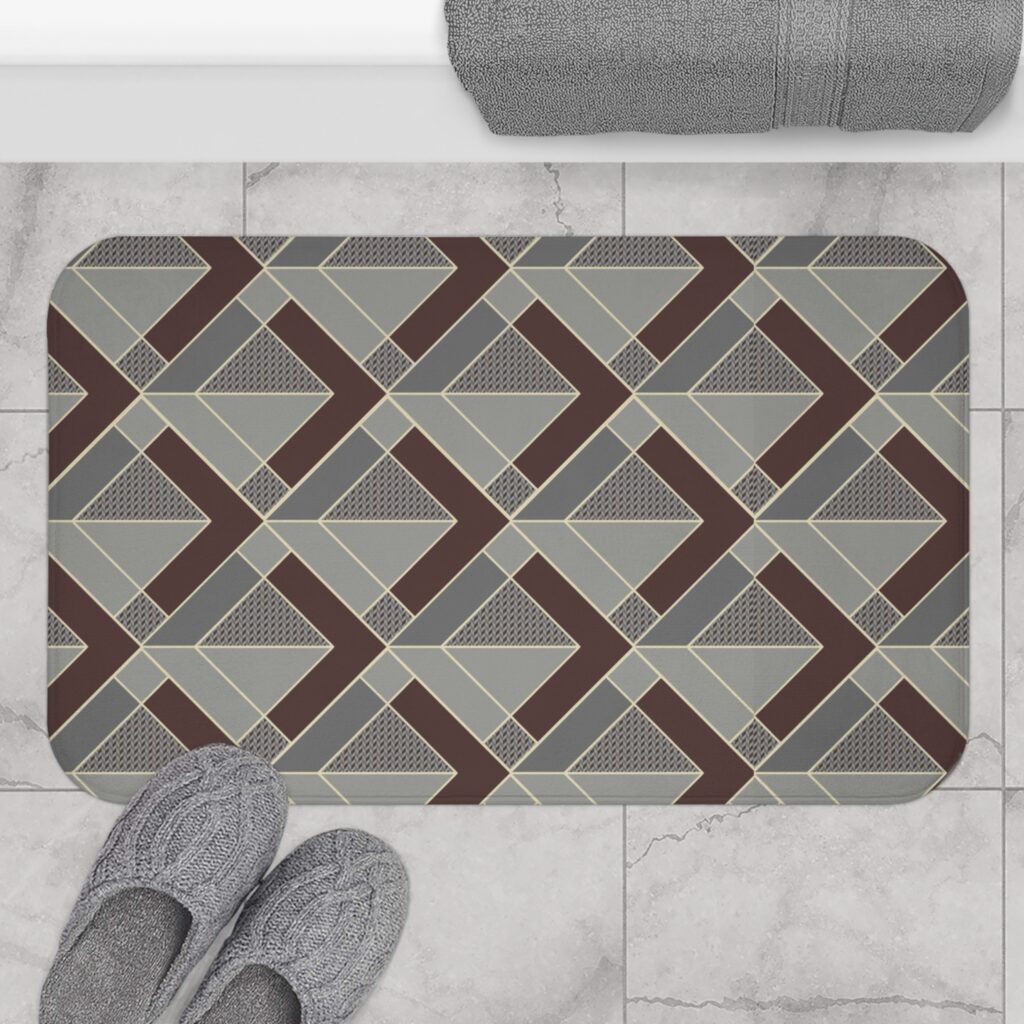 Geometric Chevron Bath Mat — Modern Grey & Brown Patterned Bathroom Rug