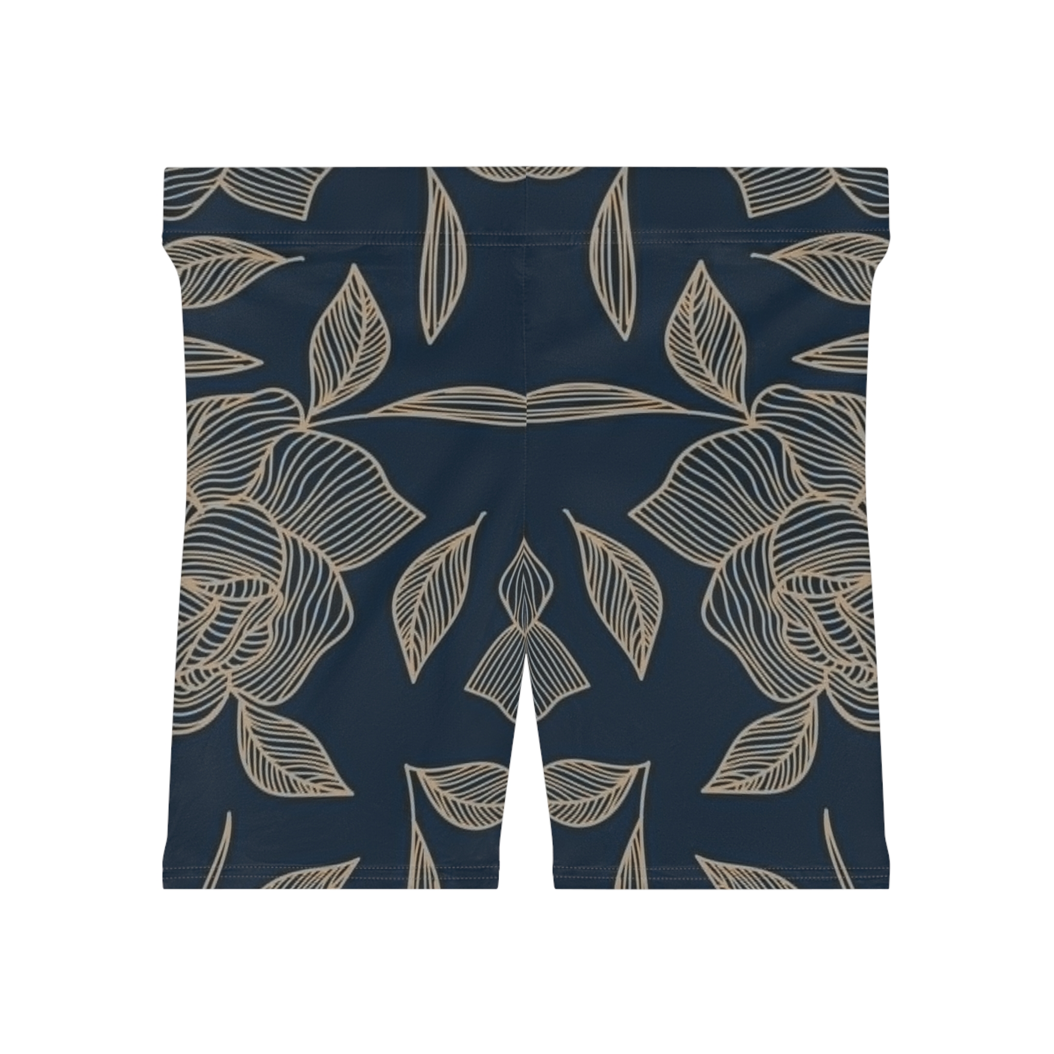 Navy Floral Line Art Biker Shorts | Botanical Leaf Pattern AOP - Image 3
