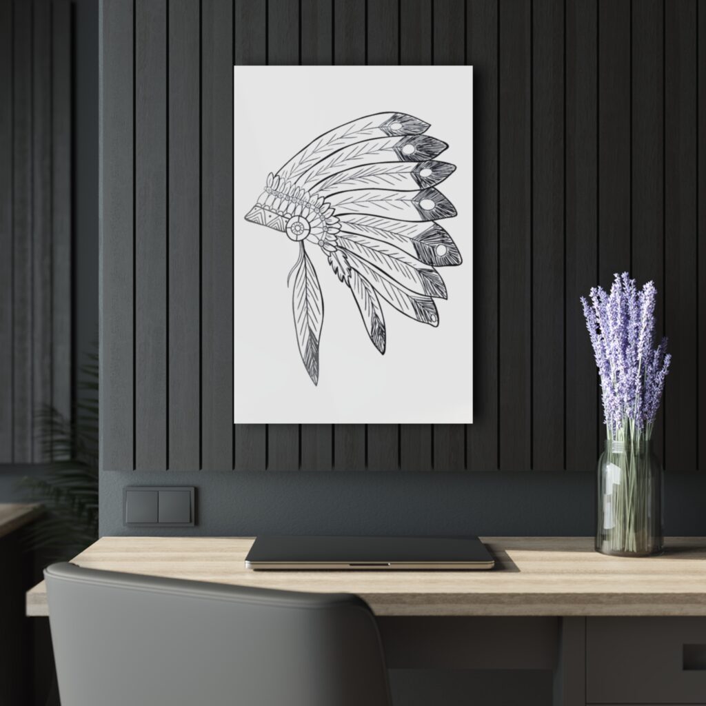 Acrylic Wall Art - Hand-Drawn Feather Headdress Print (French Cleat)