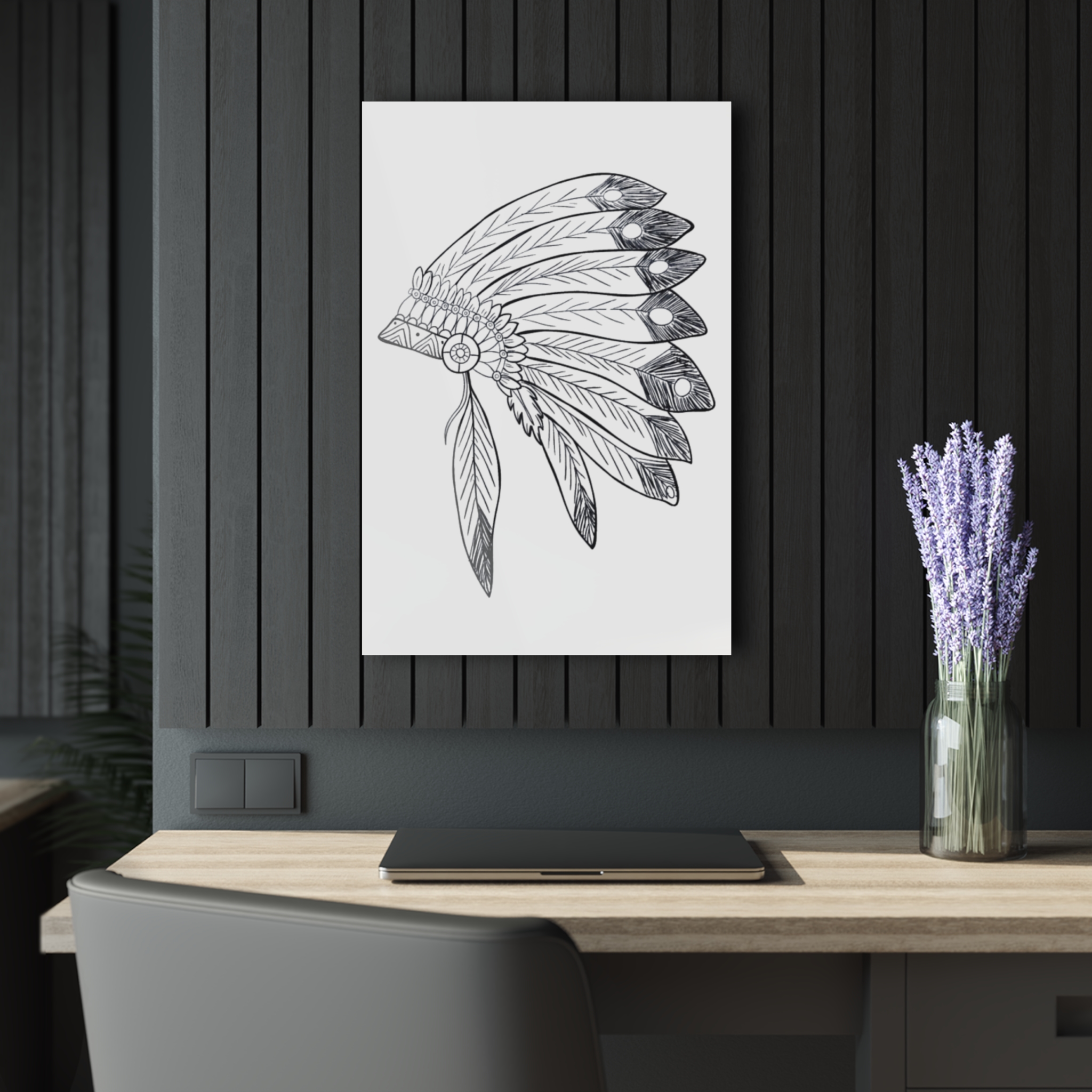 Acrylic Wall Art - Hand-Drawn Feather Headdress Print (French Cleat)