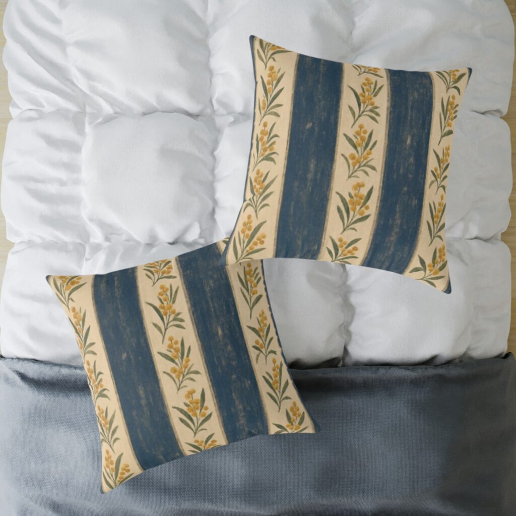 Vintage Blue Striped Botanical Throw Pillow