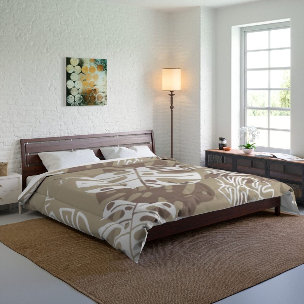 Tropical Monstera Leaf Comforter – Neutral Botanical Bedding