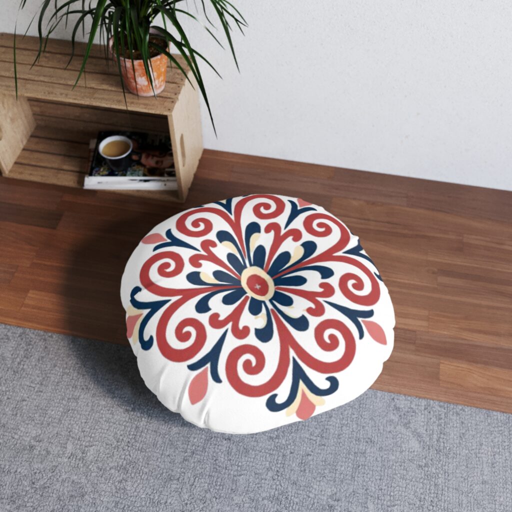 Round Tufted Floor Pillow with Vintage Red and Navy Floral Medallion