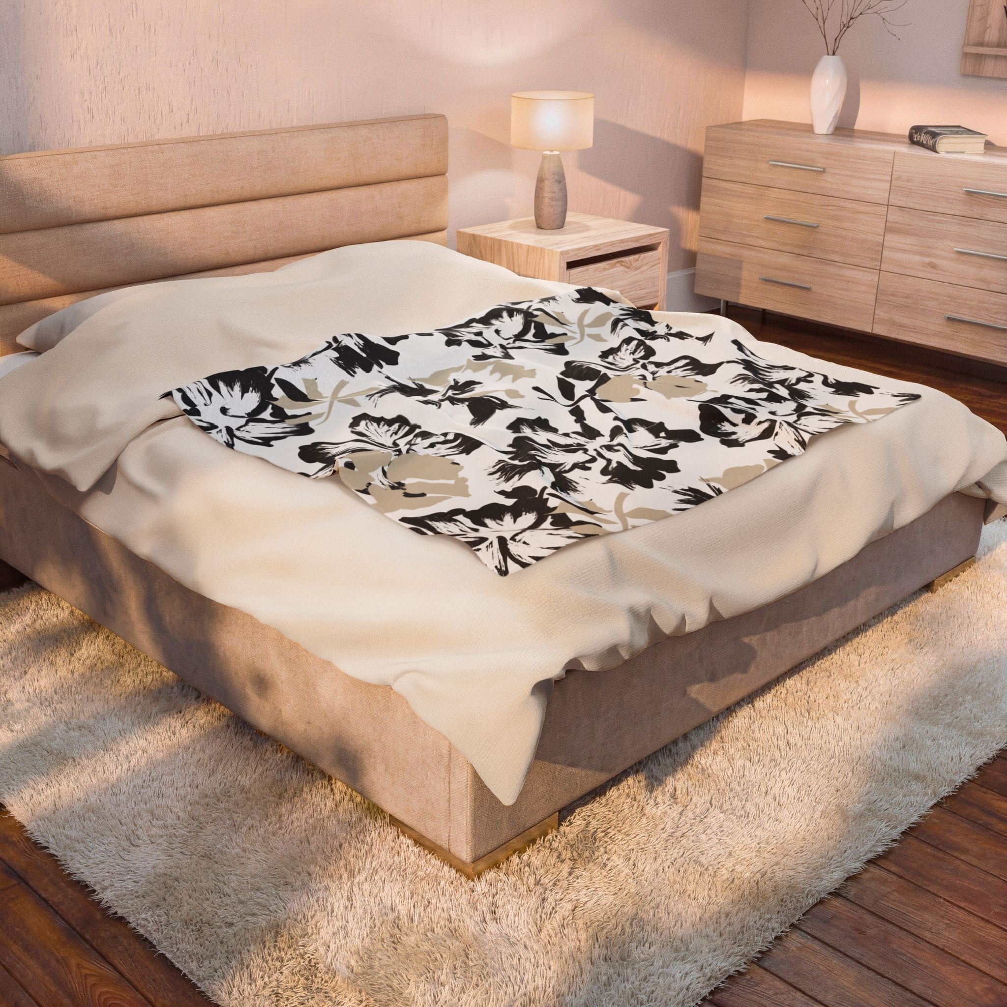 Black and Beige Floral Velveteen Plush Blanket - Image 14