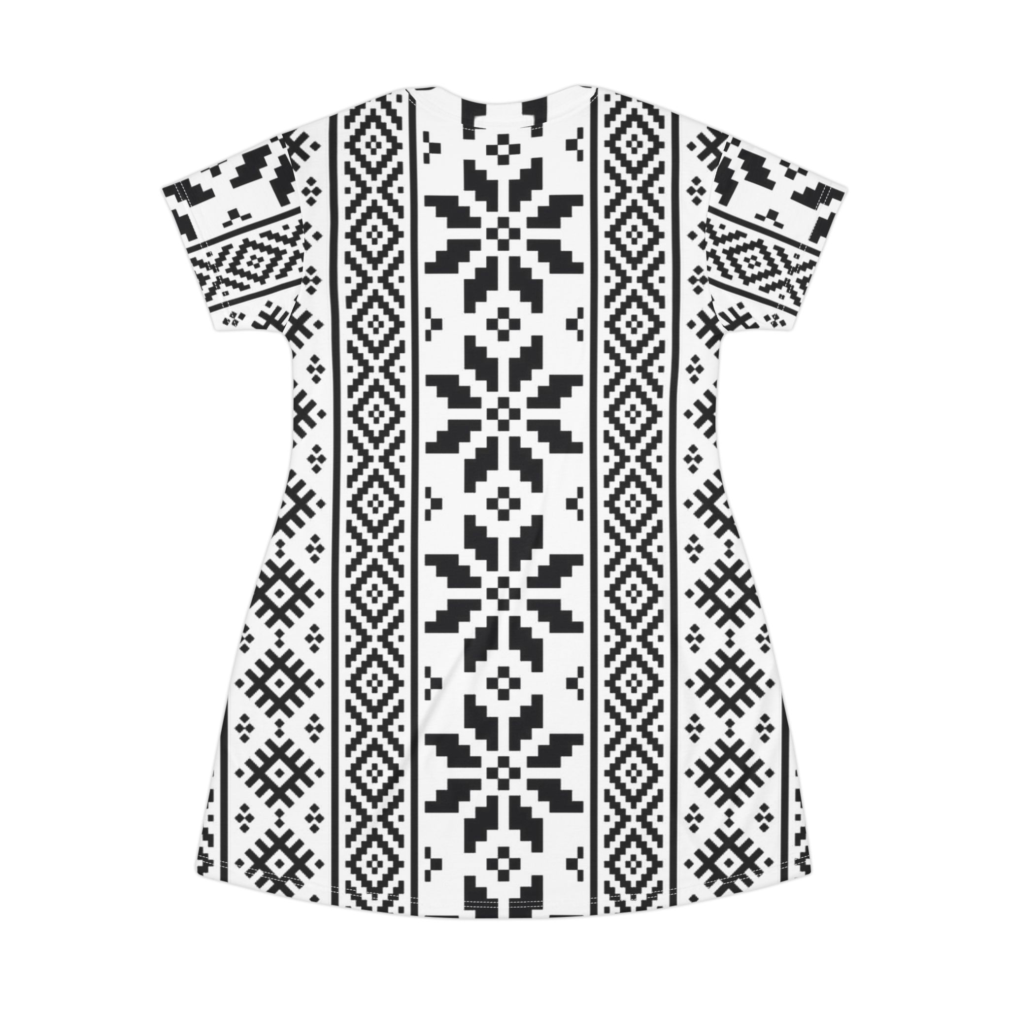 Nordic Pixel Snowflake T-Shirt Dress — Black & White All-Over Print - Image 3