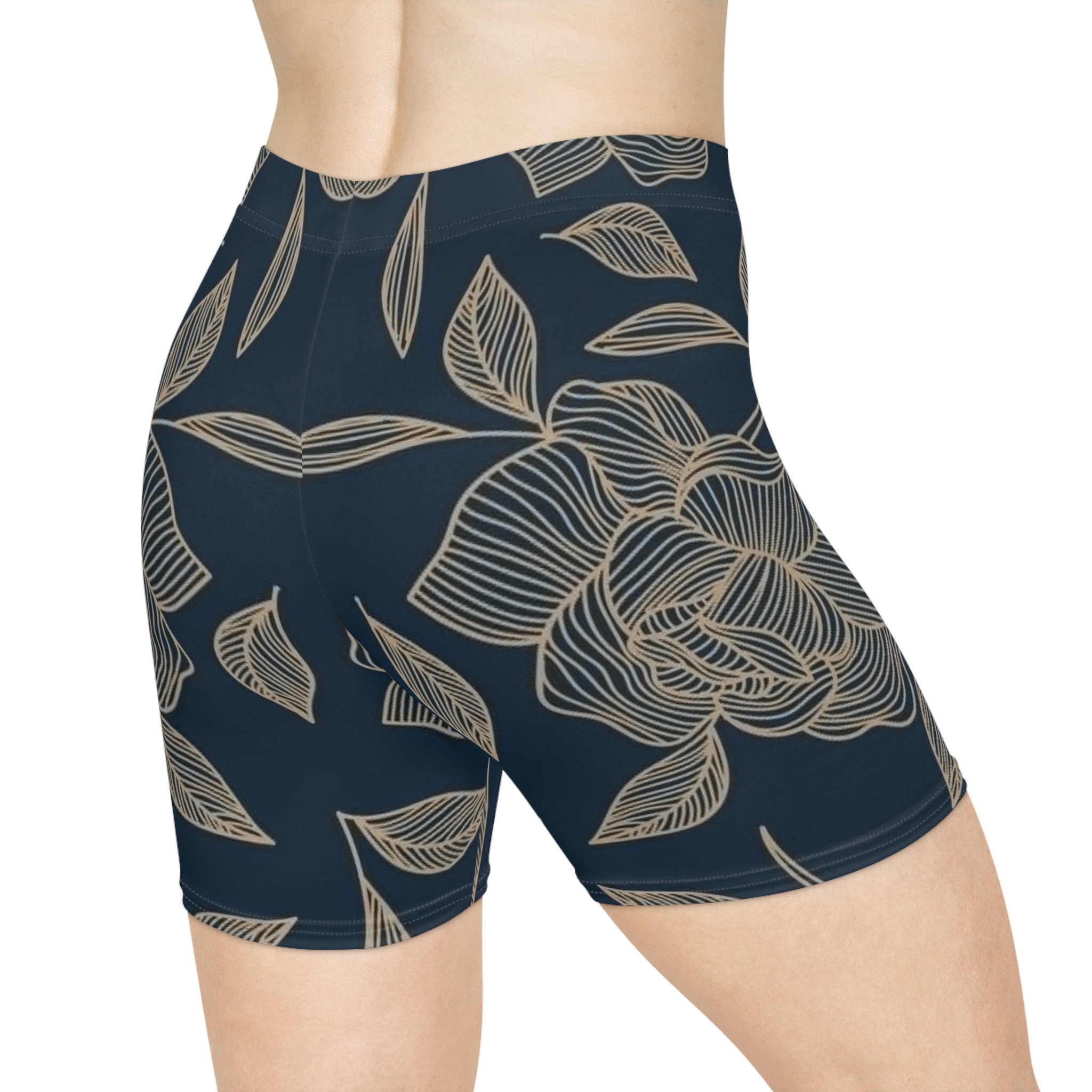 Navy Floral Line Art Biker Shorts | Botanical Leaf Pattern AOP - Image 4