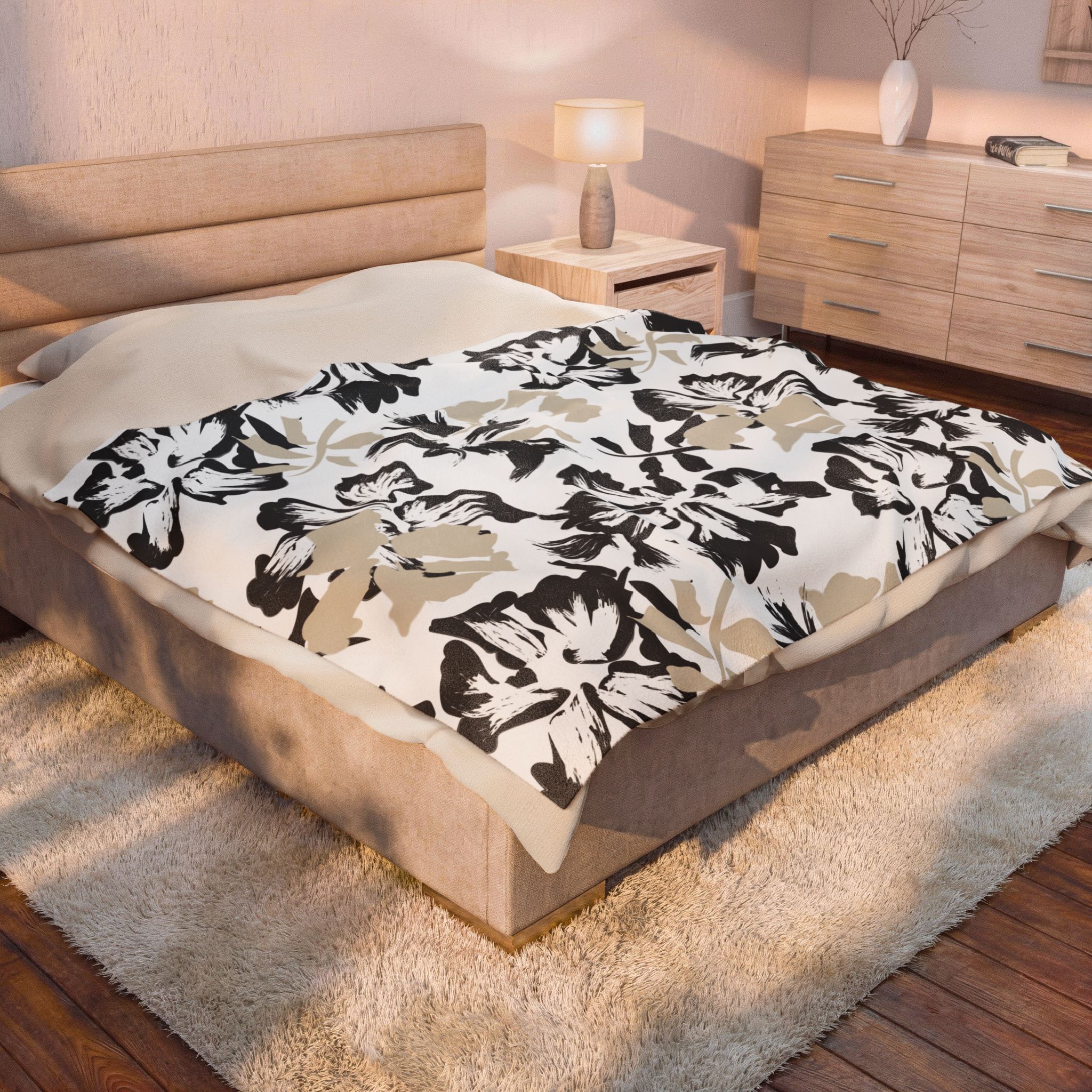 Black and Beige Floral Velveteen Plush Blanket - Image 9