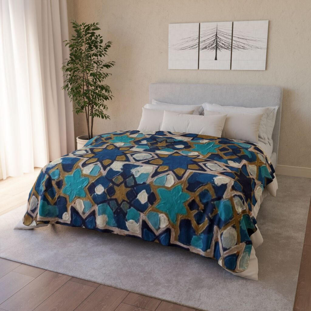 Blue Geometric Moroccan Tile Pattern Fleece Sherpa Blanket