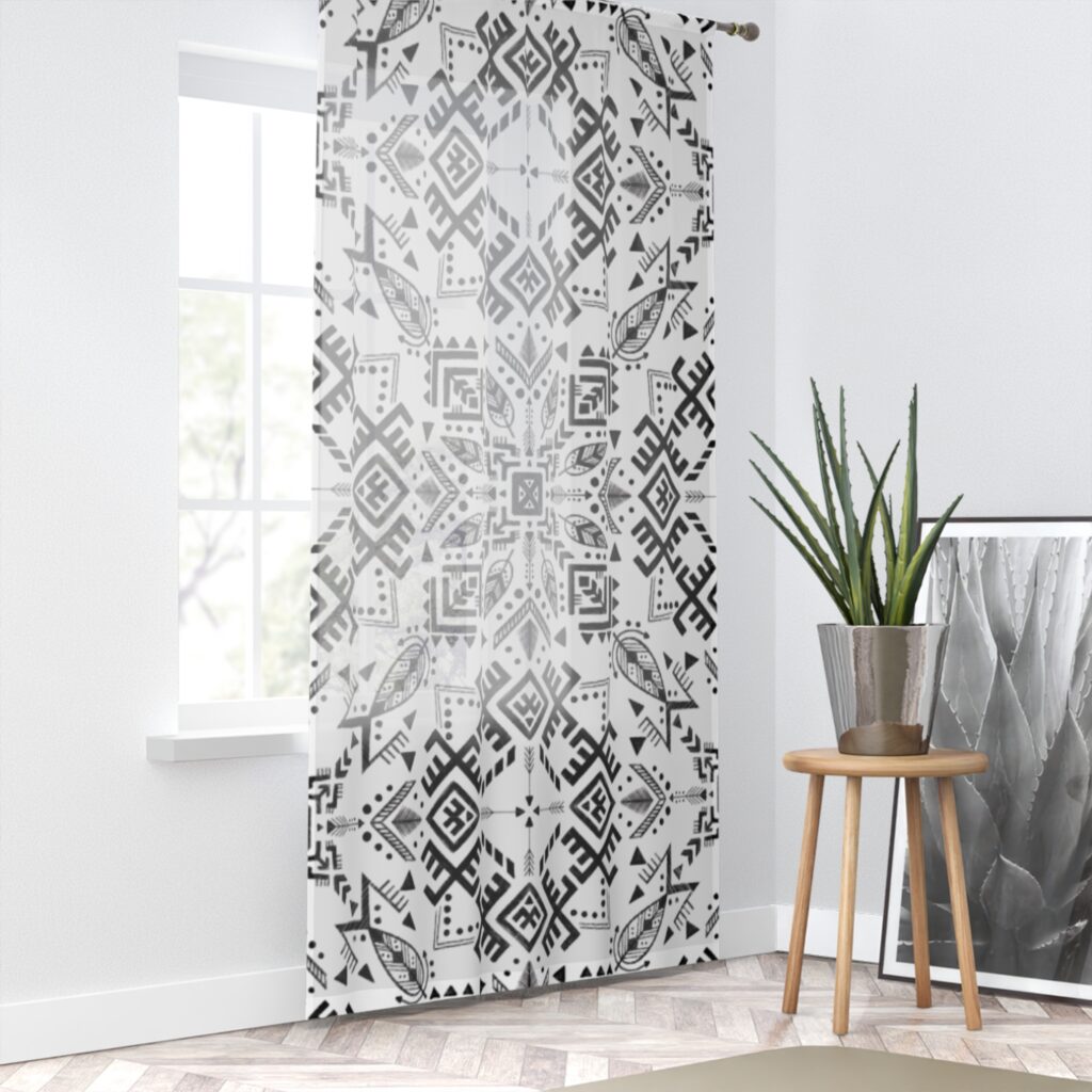 Geometric Boho Window Curtain – Black & White Tribal Pattern Sheer Panel